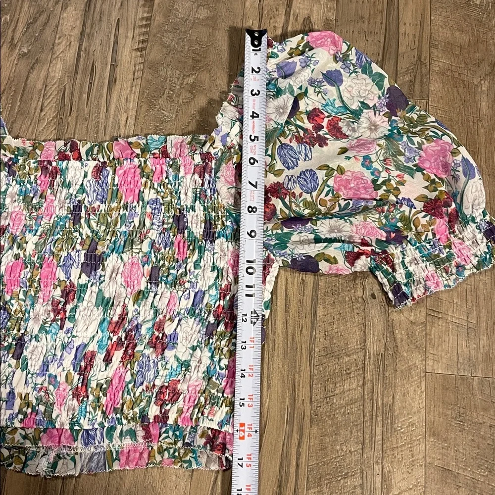 Astr Pink Blue and Green Floral Puff Sleeve Smocked Crop Blouse - Size M